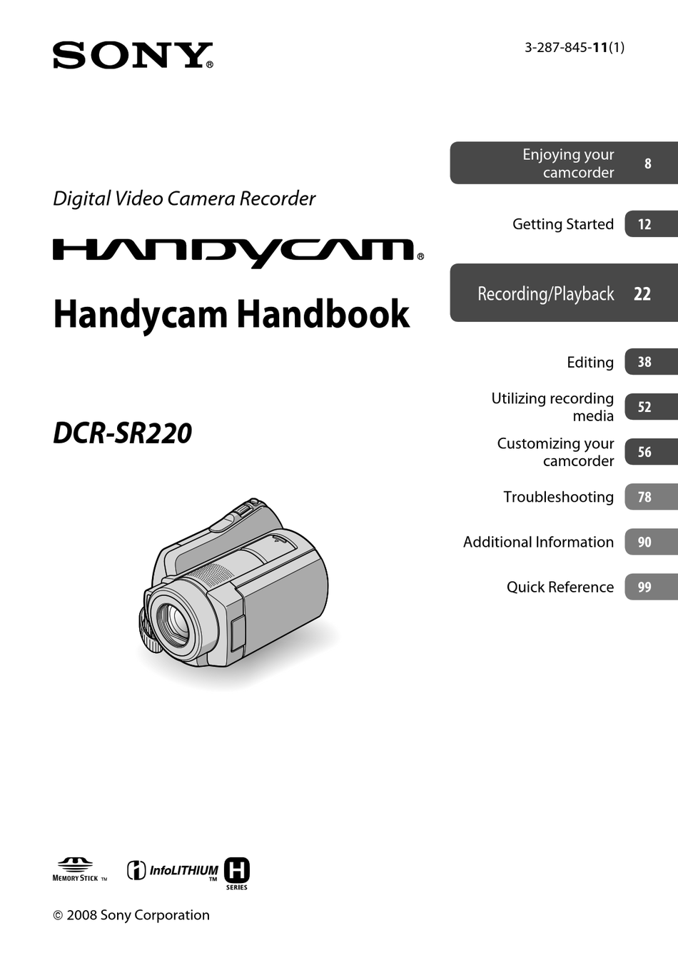 SONY DCR-SR220 HANDYCAM® CAMCORDER HANDBOOK | ManualsLib