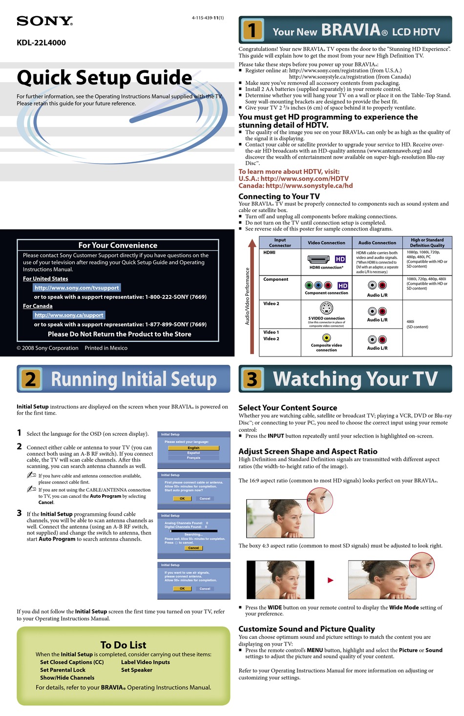 SONY BRAVIA KDL-22L4000 LCD TV QUICK SETUP MANUAL | ManualsLib