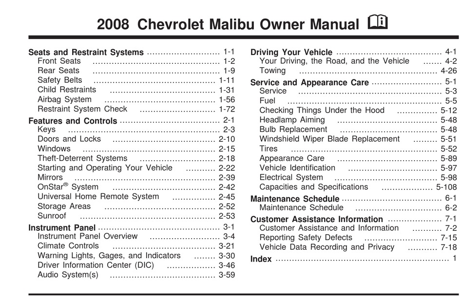 CHEVROLET 2008 MALIBU OWNER'S MANUAL Pdf Download | ManualsLib