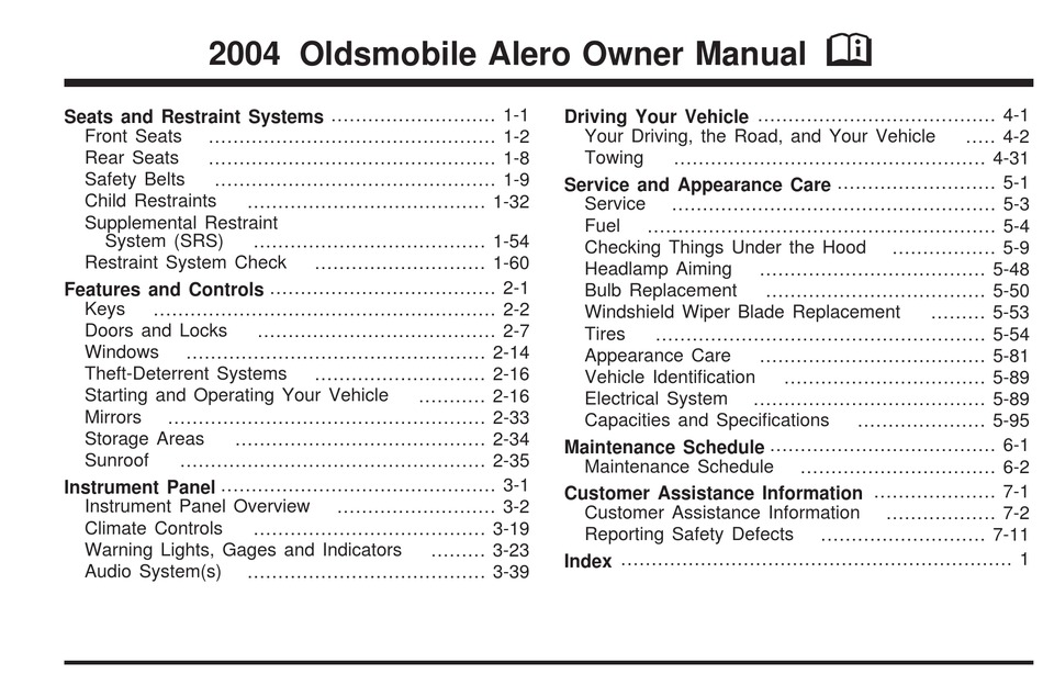 Oldsmobile 2004 Alero Owner S Manual Pdf Download Manualslib