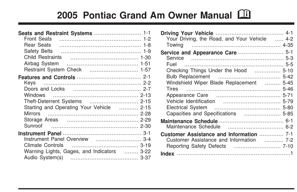 PONTIAC 2005 GRAND AM AUTOMOBILE OWNER'S MANUAL | ManualsLib