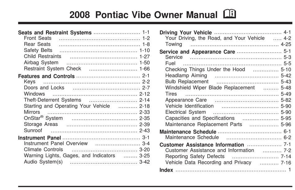 Pontiac 2008 Vibe Owner S Manual Pdf Download Manualslib