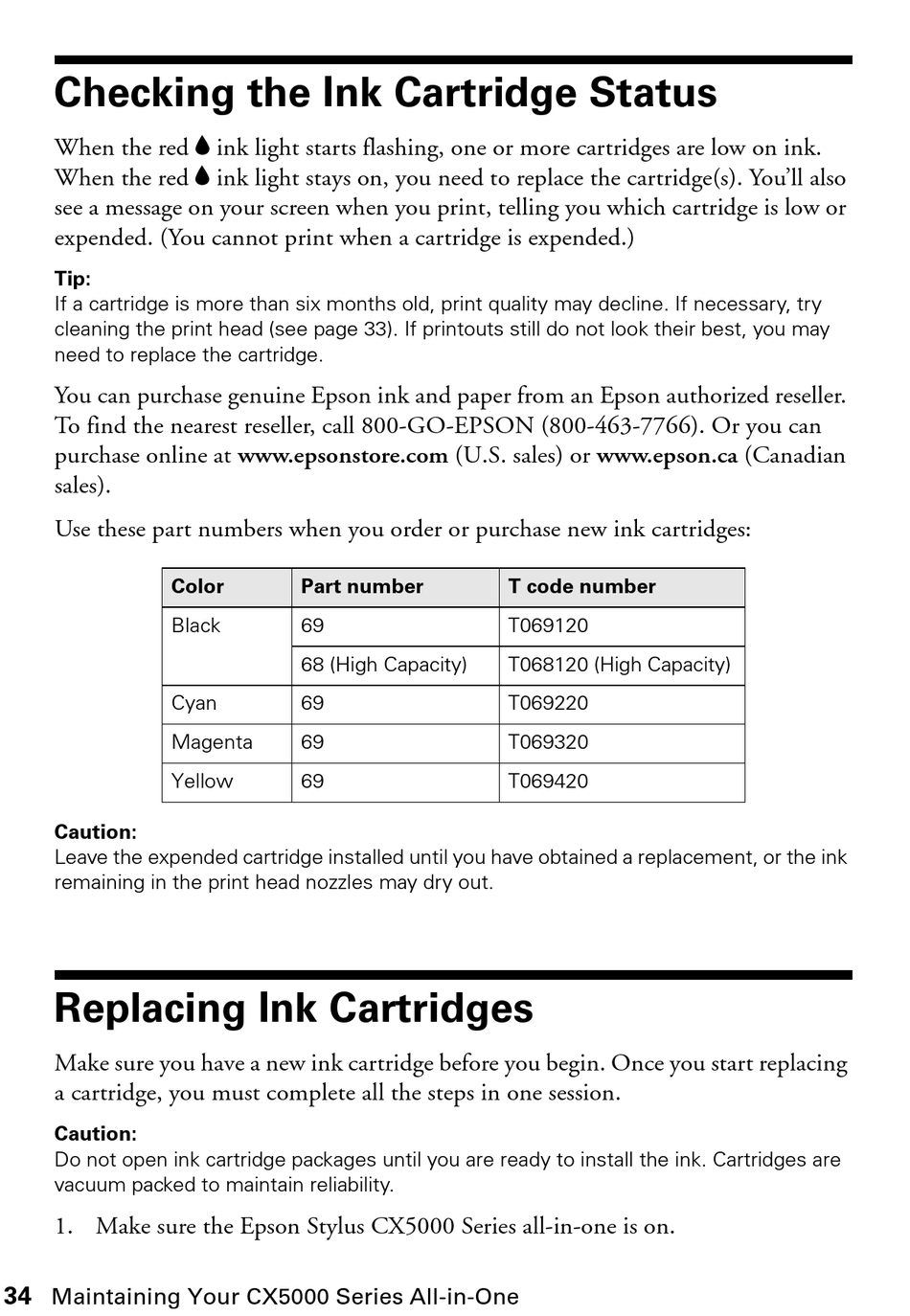 Checking The Ink Cartridge Status; Replacing Ink Cartridges - Epson Stylus  CX5000 Series Quick Manual [Page 34] | ManualsLib