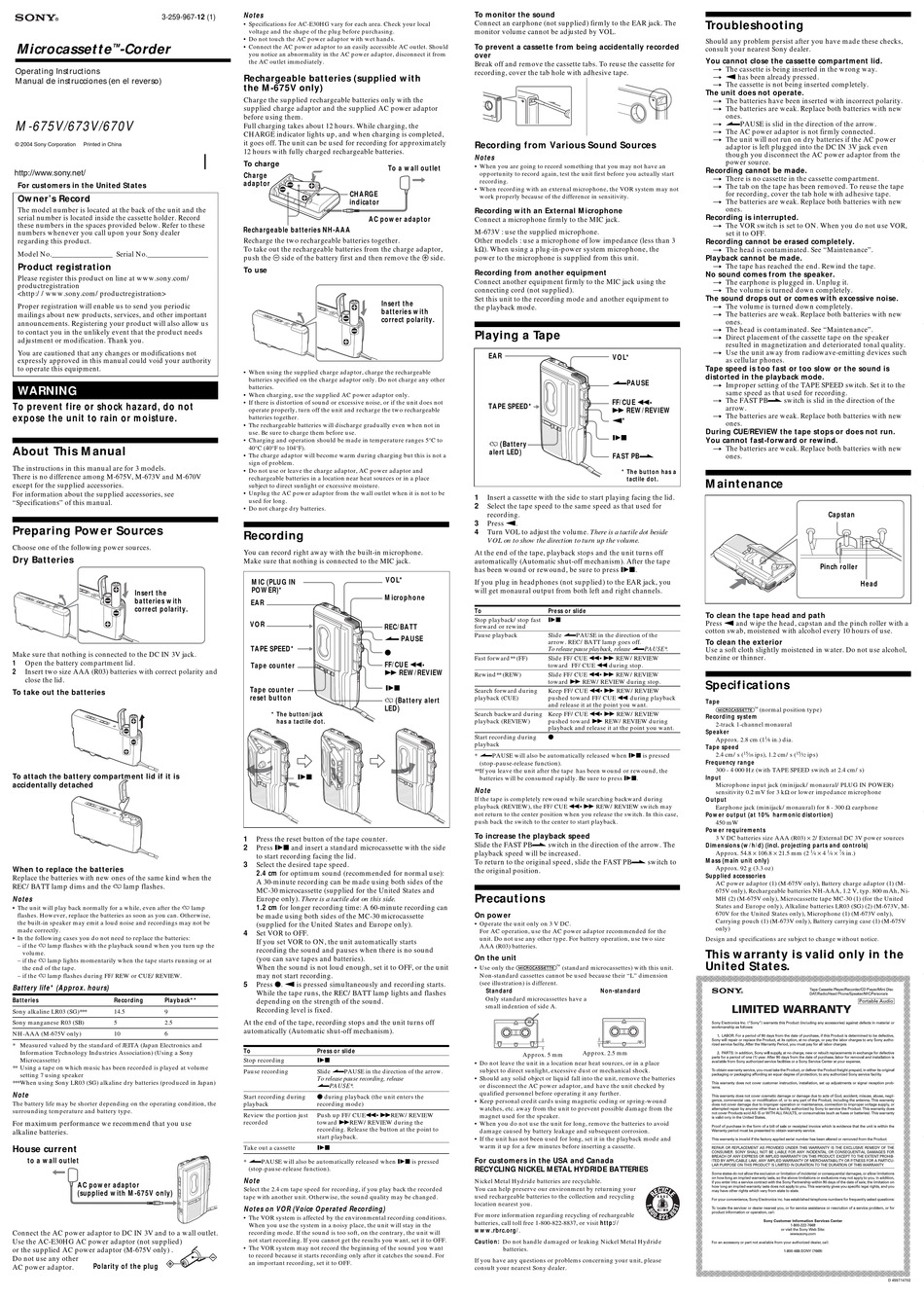 SONY M-670V MICROCASSETTE RECORDER OPERATING INSTRUCTIONS | ManualsLib