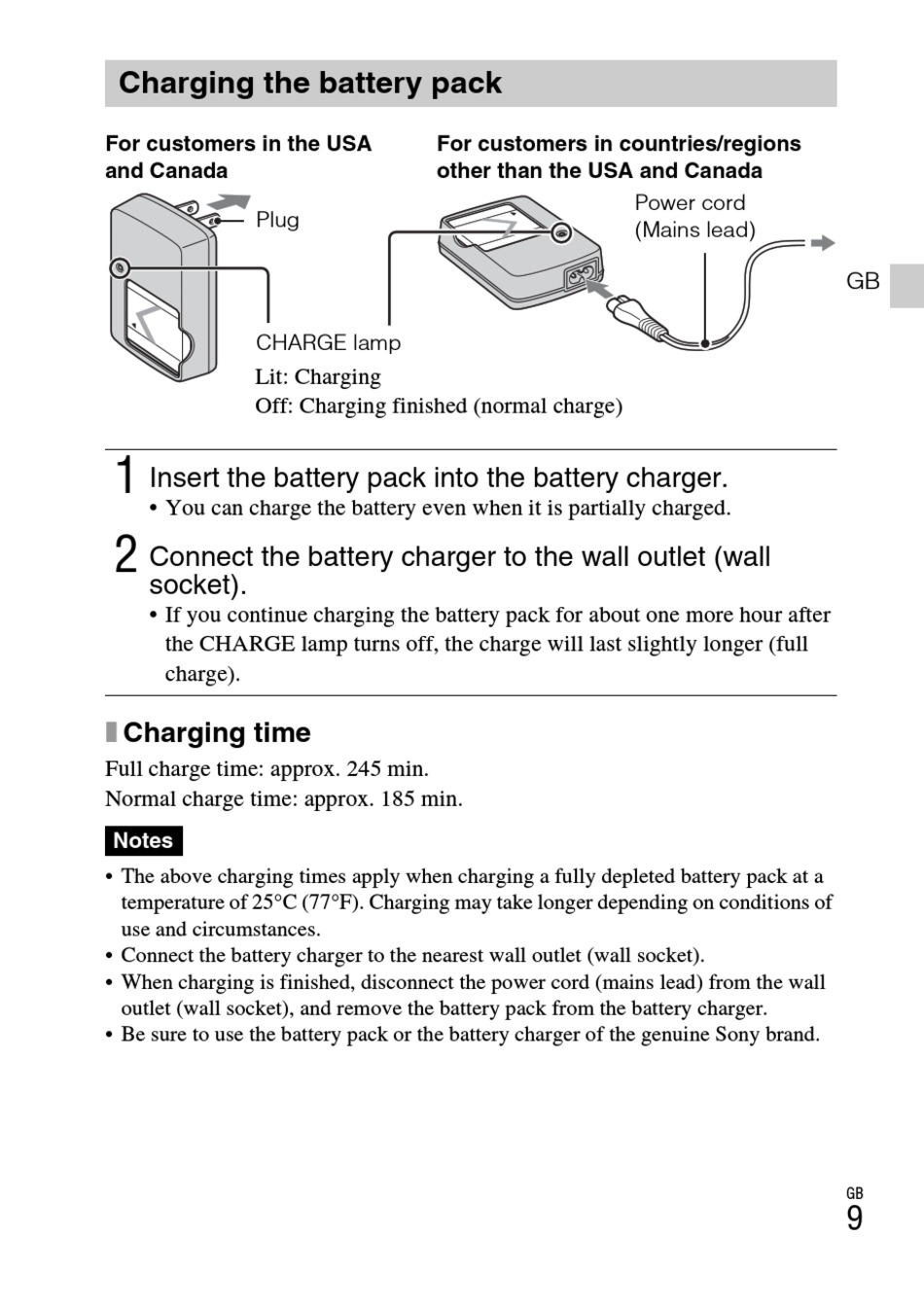 Charging The Battery Pack; Charging Time - Sony Cyber-shot DSC-W560  Instruction Manual [Page 9] | ManualsLib