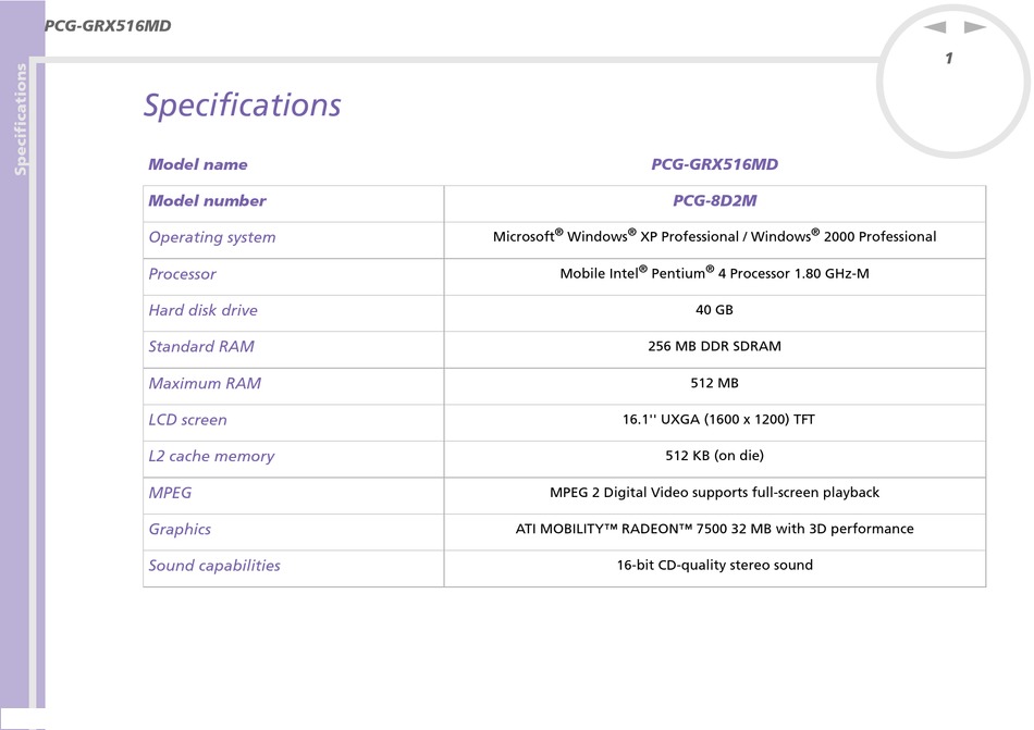 SONY PCG-GRX516MD LAPTOP SPECIFICATIONS | ManualsLib