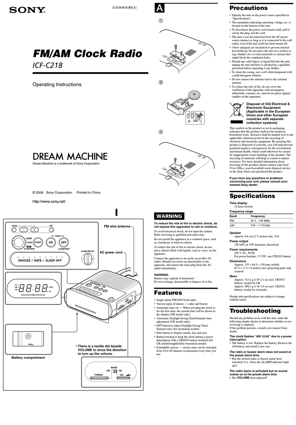Model ICF-C218 27242704626 Sony Dream Machine FM/AM Alarm Clock Radio 