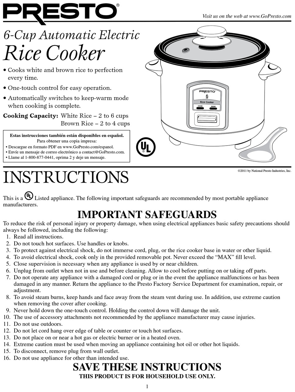 PRESTO 5810 RICE COOKER INSTRUCTIONS | ManualsLib