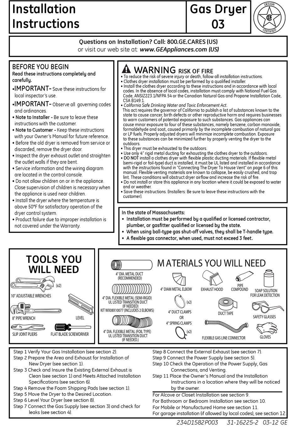 GE GTDN500GMWS DRYER INSTALLATION INSTRUCTIONS MANUAL | ManualsLib