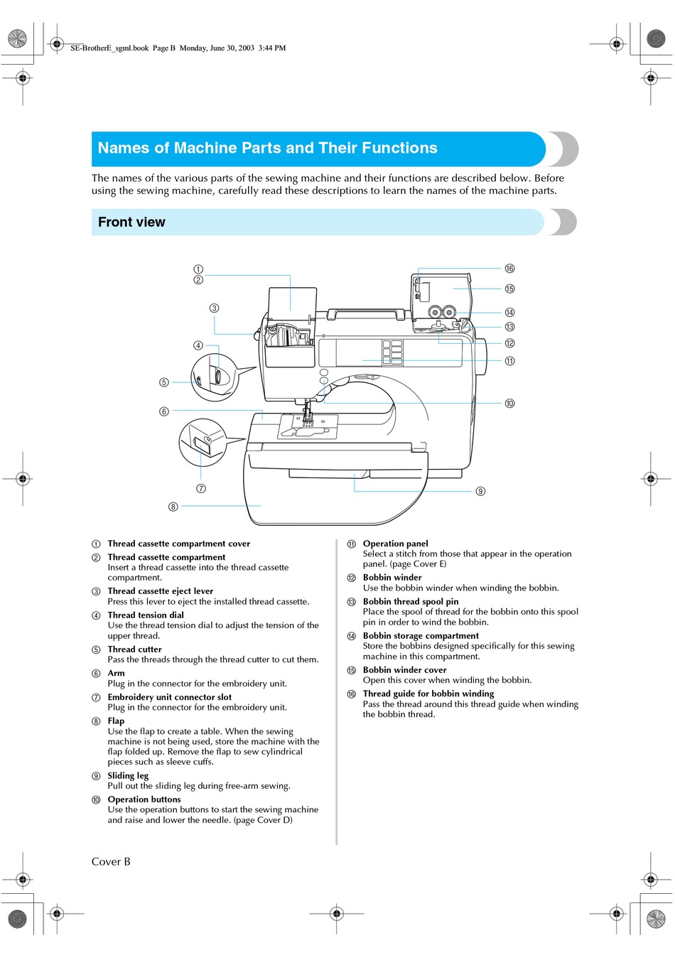 Names Of Machine Parts And Their Functions; Front View - Brother