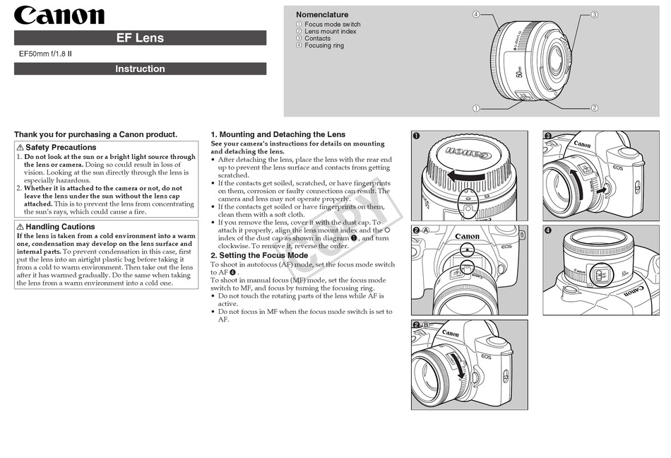 CANON EF 50MM F/1.8 II INSTRUCTION Pdf Download | ManualsLib