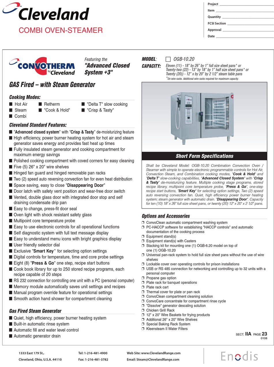 CLEVELAND COMBI OVEN-STEAMER OGB-10.20 SPECIFICATION SHEET Pdf Download ...