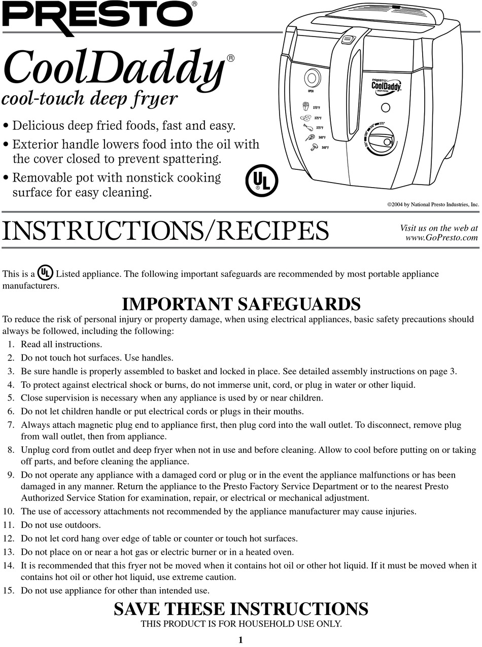 PRESTO CoolDaddy Cool Touch Deep Fryer Instruction Manual