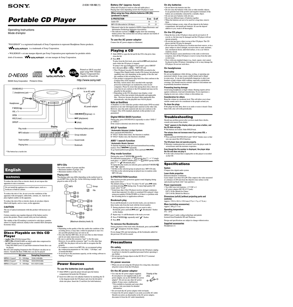 SONY WALKMAN D-NE005 OPERATING INSTRUCTIONS Pdf Download | ManualsLib