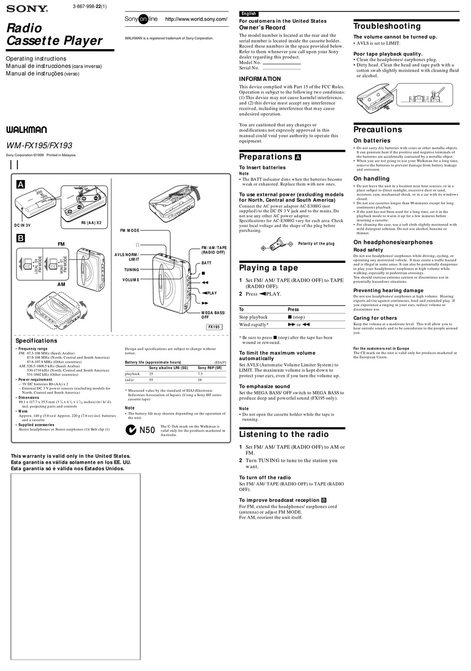 SONY WALKMAN WM-FX195 OPERATING INSTRUCTIONS Pdf Download | ManualsLib