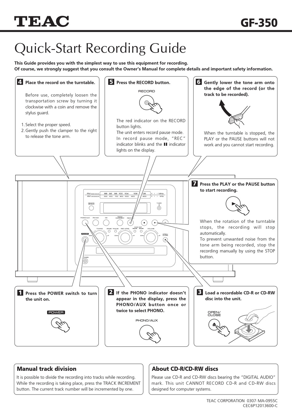 Teac Gf 350 Quick Start Recording Manual Pdf Download Manualslib