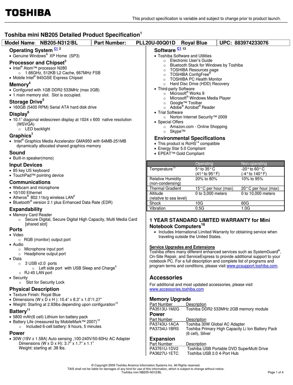 Toshiba Nb205 N312 Specifications Pdf Download Manualslib