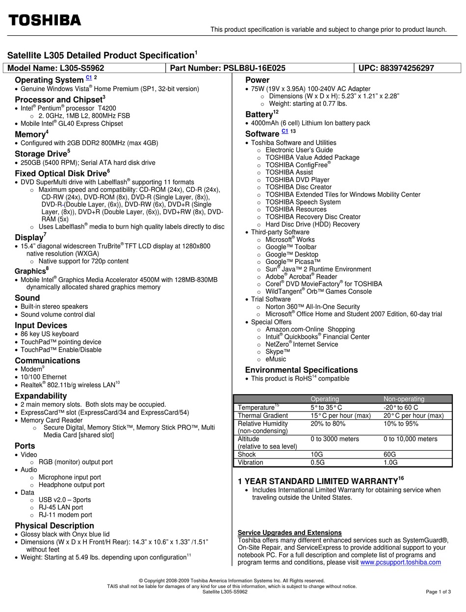 TOSHIBA SATELLITE L305-S5962 SPECIFICATIONS Pdf Download | ManualsLib