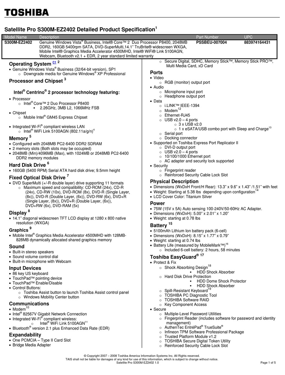 TOSHIBA SATELLITE PRO S300M-EZ2402 SPECIFICATIONS Pdf Download | ManualsLib