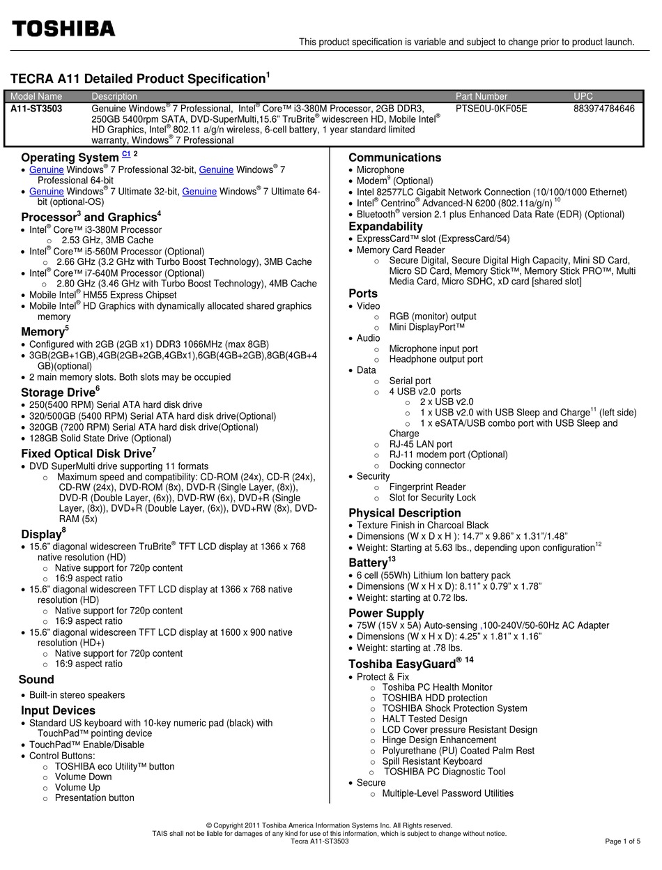 TOSHIBA TECRA A11-ST3503 SPECIFICATIONS Pdf Download | ManualsLib