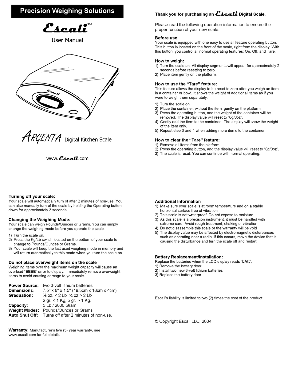 1 User Manual Argenta Digital Kitchen Scale 