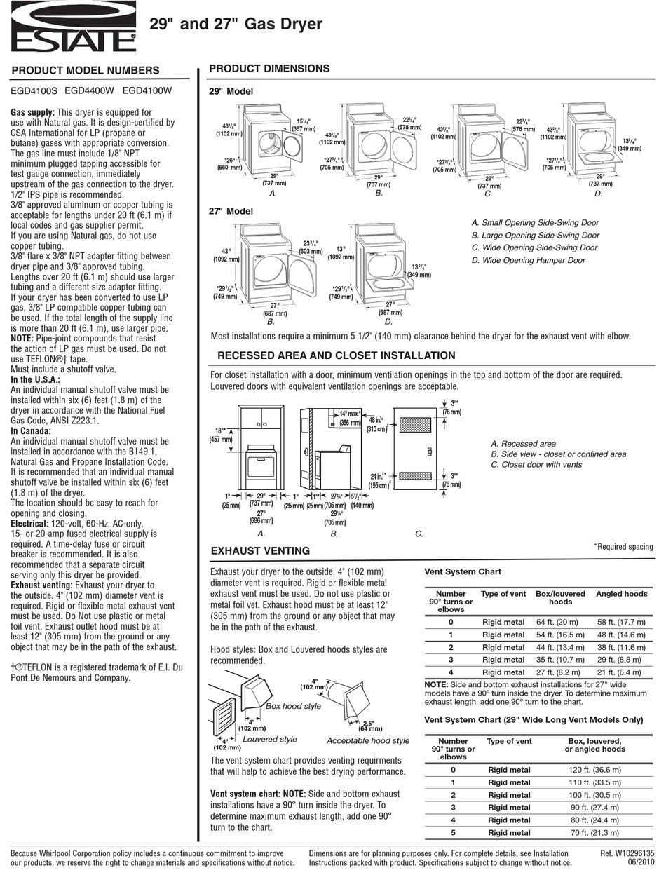 ESTATE EGD4400W DIMENSION MANUAL Pdf Download | ManualsLib