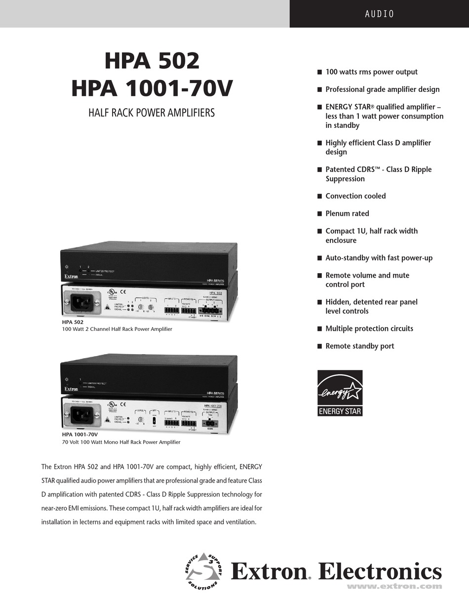 Extron Electronics Hpa 1001 70v Specifications Pdf Download Manualslib
