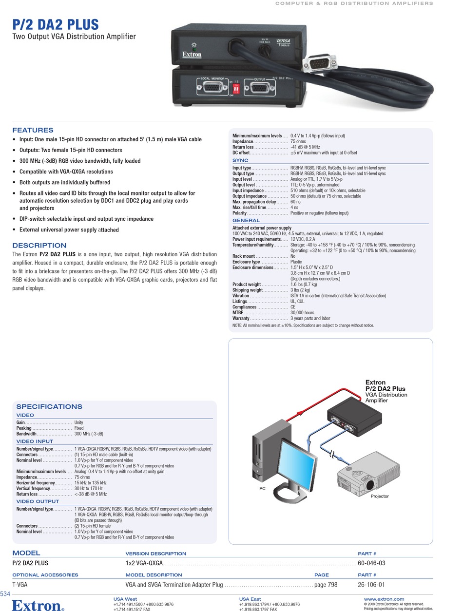 EXTRON ELECTRONICS EXTRON P/2 DA2 PLUS SPECIFICATIONS Pdf Download ...