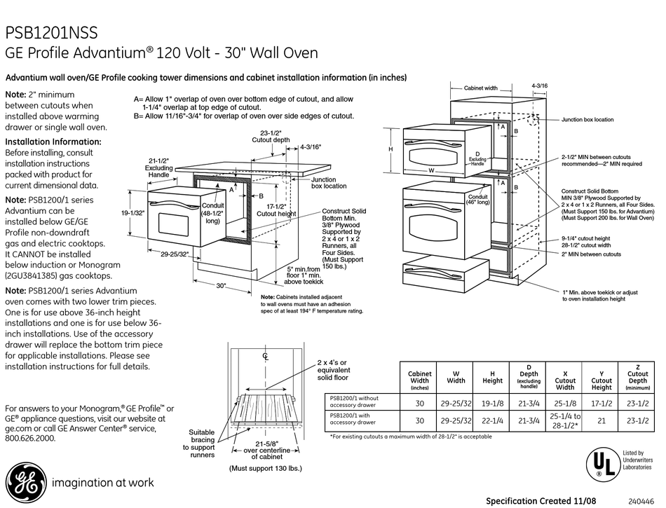 GE PROFILE ADVANTIUM JX2201NSS DIMENSIONS AND INSTALLATION INFORMATION