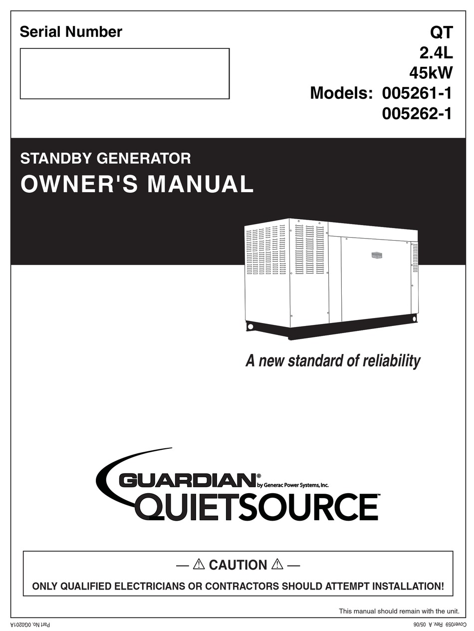 GENERAC POWER SYSTEMS 005261-1, 005262-1 OWNER'S MANUAL Pdf Download ...