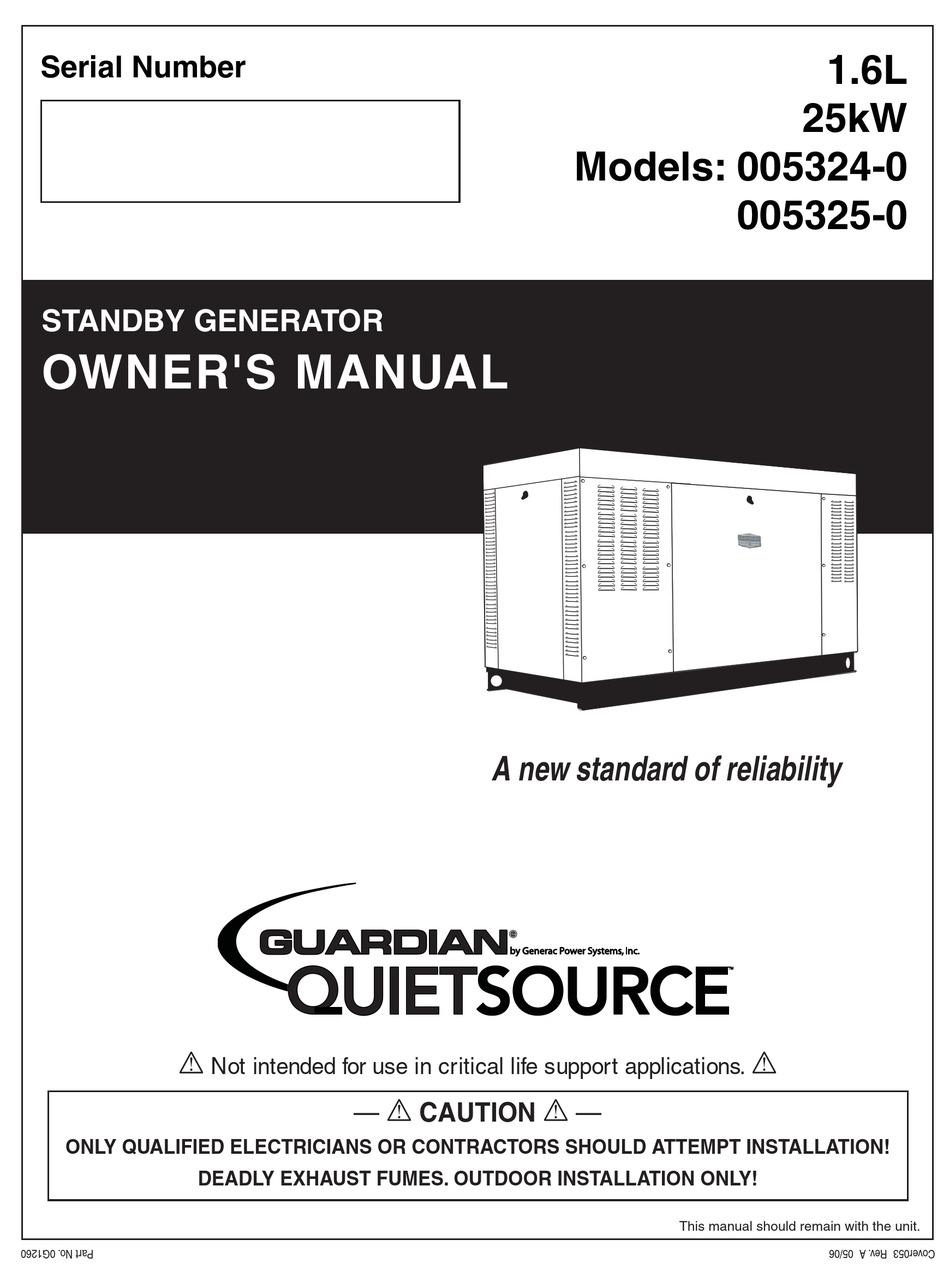 GENERAC POWER SYSTEMS GUARDIAN 005324-0 OWNER'S MANUAL Pdf Download ...