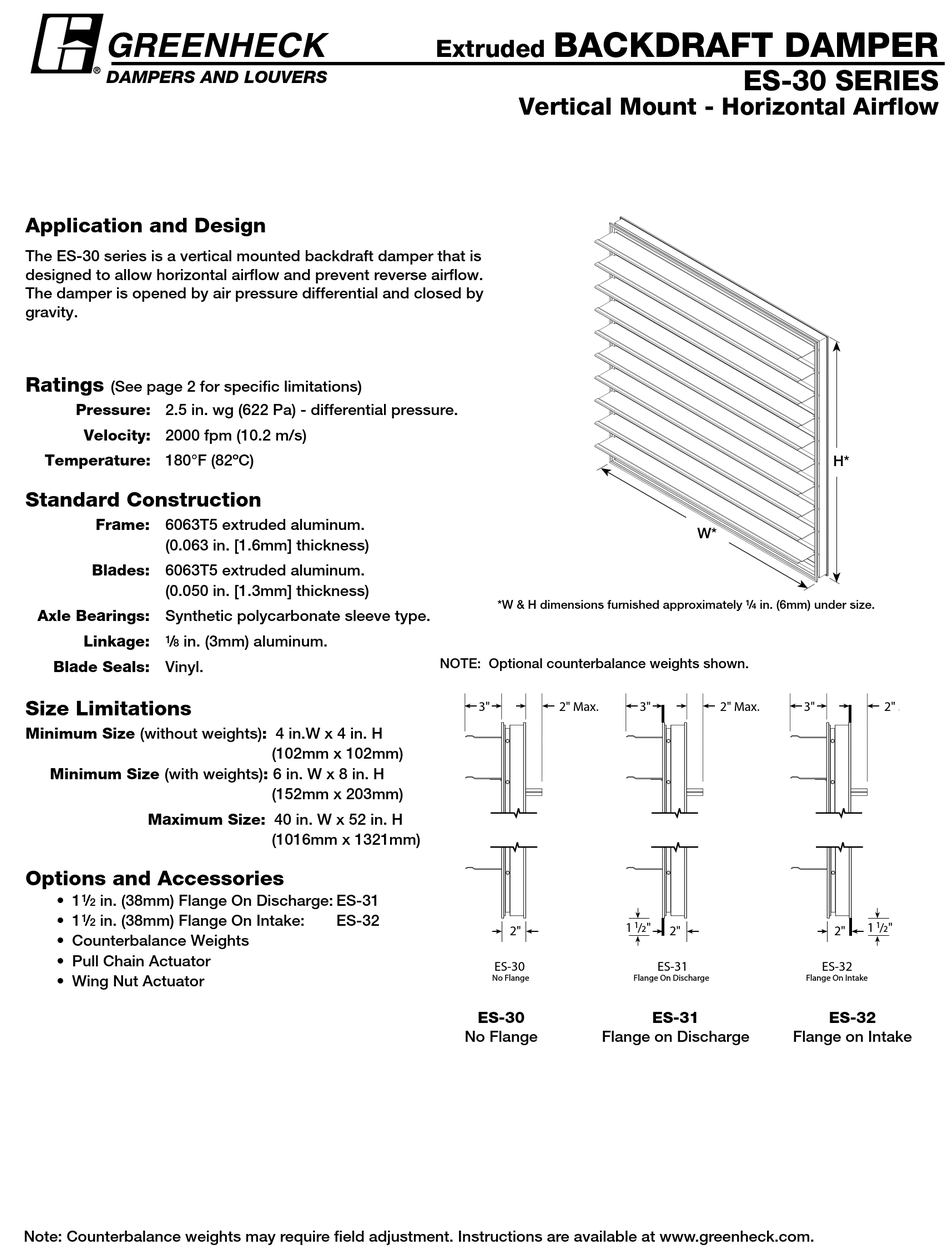 Greenheck Extruded Backdraft Damper Es-30 Specification Sheet Pdf 