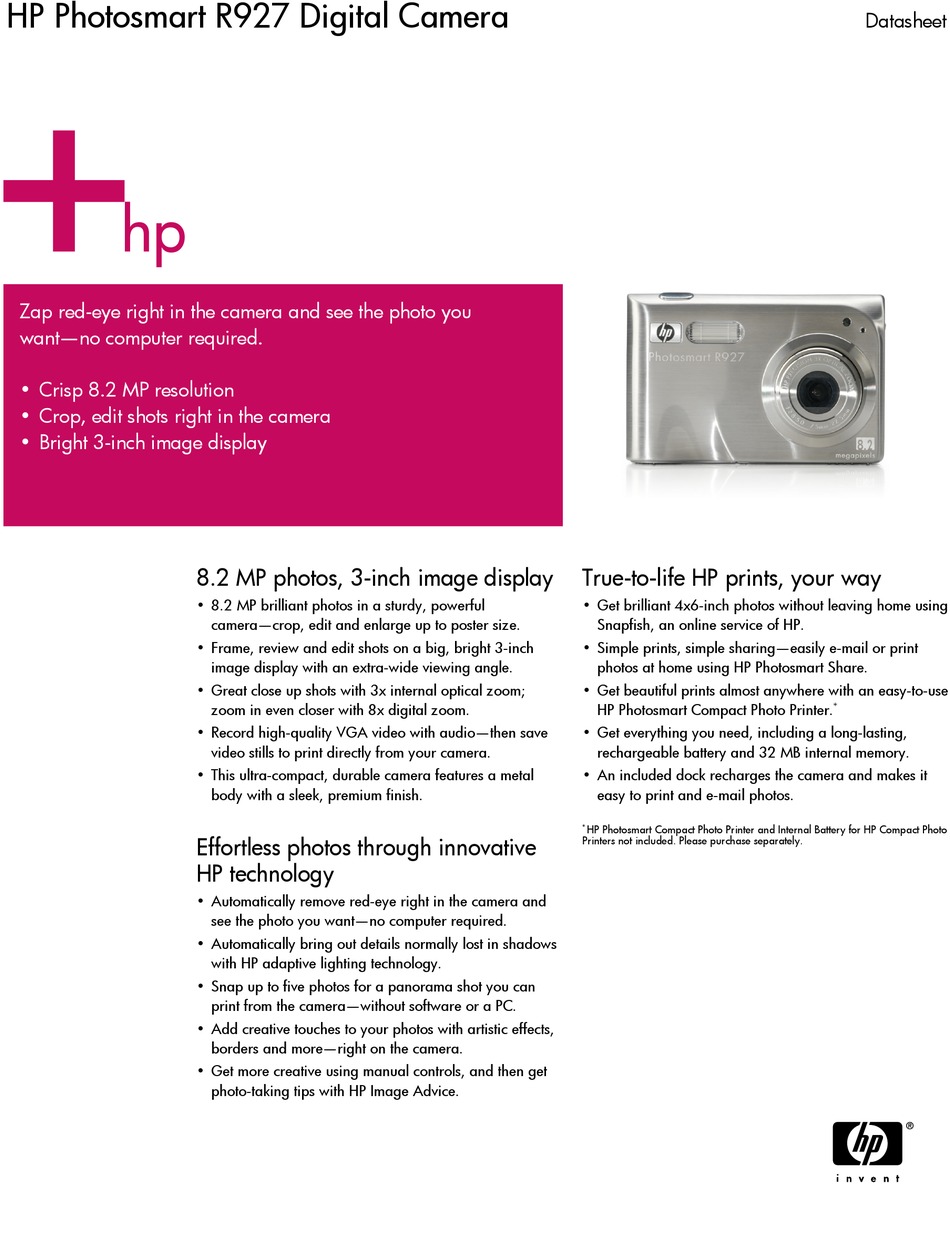 HP PHOTOSMART R927 DATASHEET Pdf Download ManualsLib