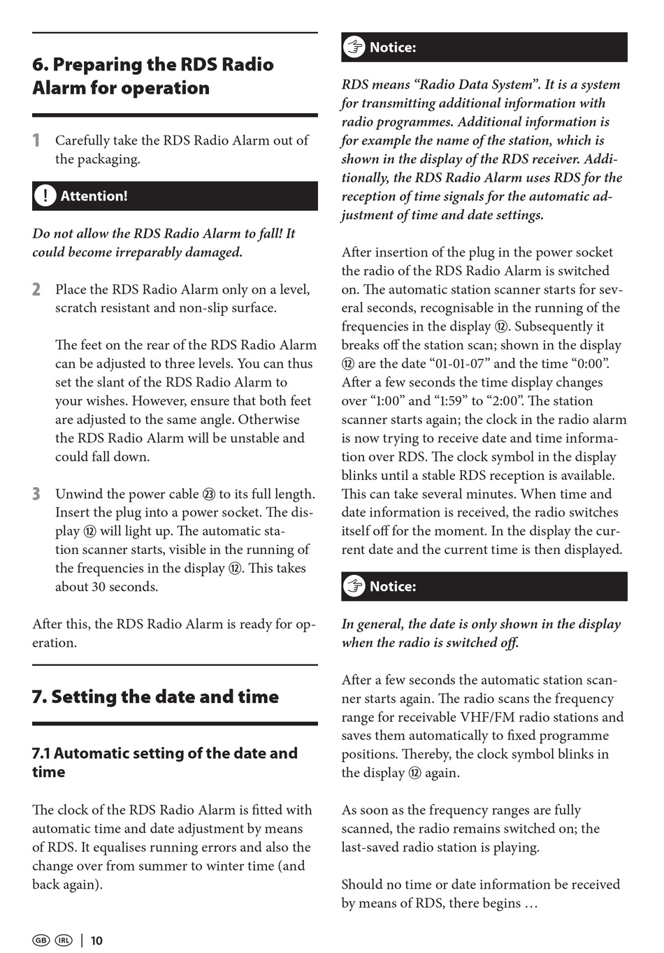 Preparing The Rds Radio Alarm For Operation; Setting The Date And Time;  Automatic Setting Of The Date And Time - E-Bench KH 2295 Operating  Instructions Manual [Page 10] | ManualsLib