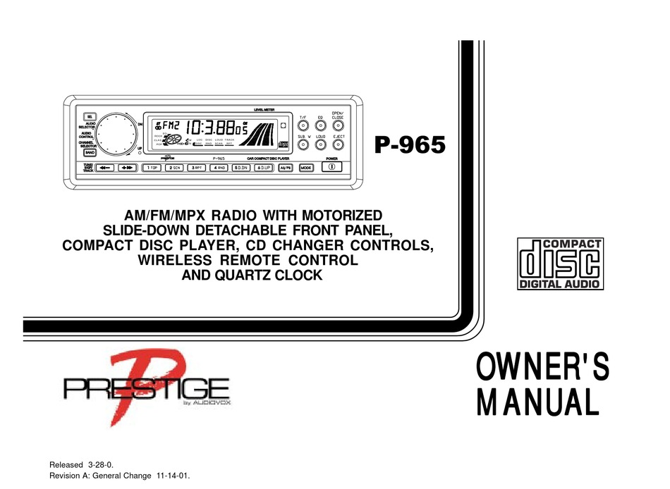 AUDIOVOX PRESTIGE P-965 CAR STEREO SYSTEM OWNER'S MANUAL | ManualsLib