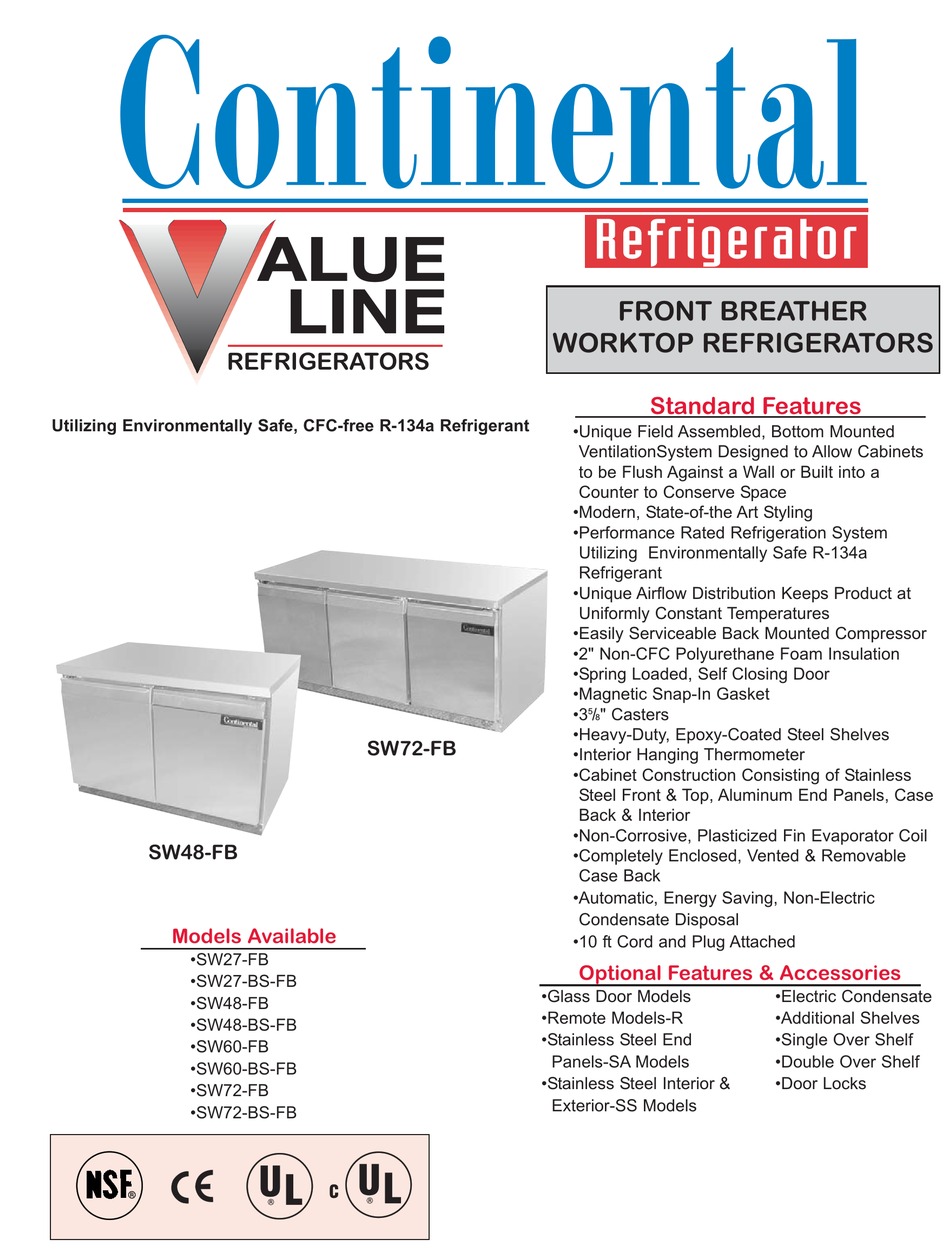 CONTINENTAL REFRIGERATOR SW27-FB REFRIGERATOR SPECIFICATIONS | ManualsLib