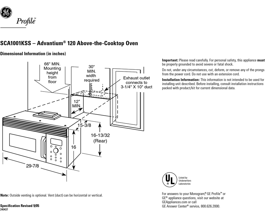 GE PROFILE ADVANTIUM SCA1001KSS MICROWAVE OVEN DIMENSIONAL INFORMATION
