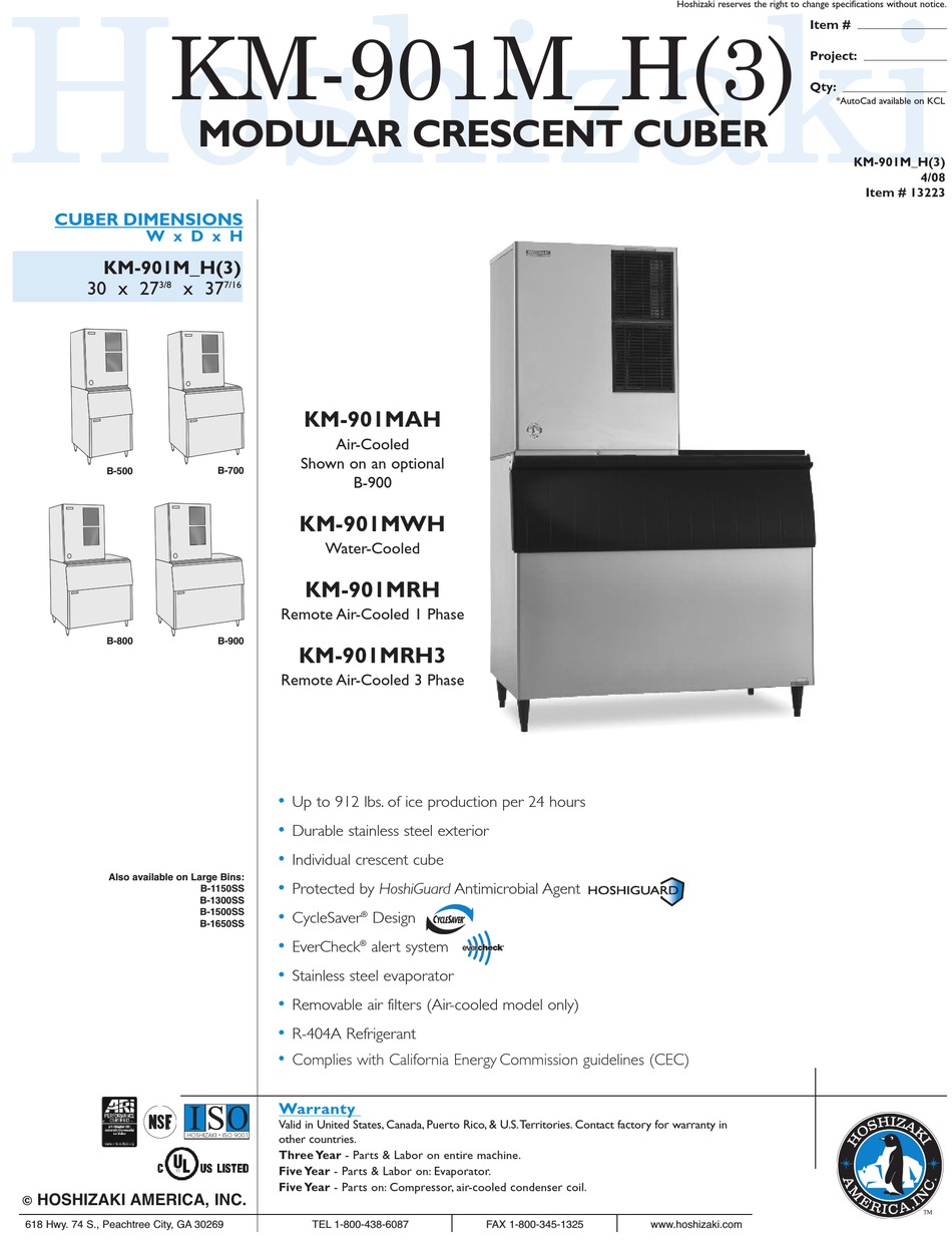 HOSHIZAKI KM-901MAH ICE MAKER SPECIFICATIONS | ManualsLib