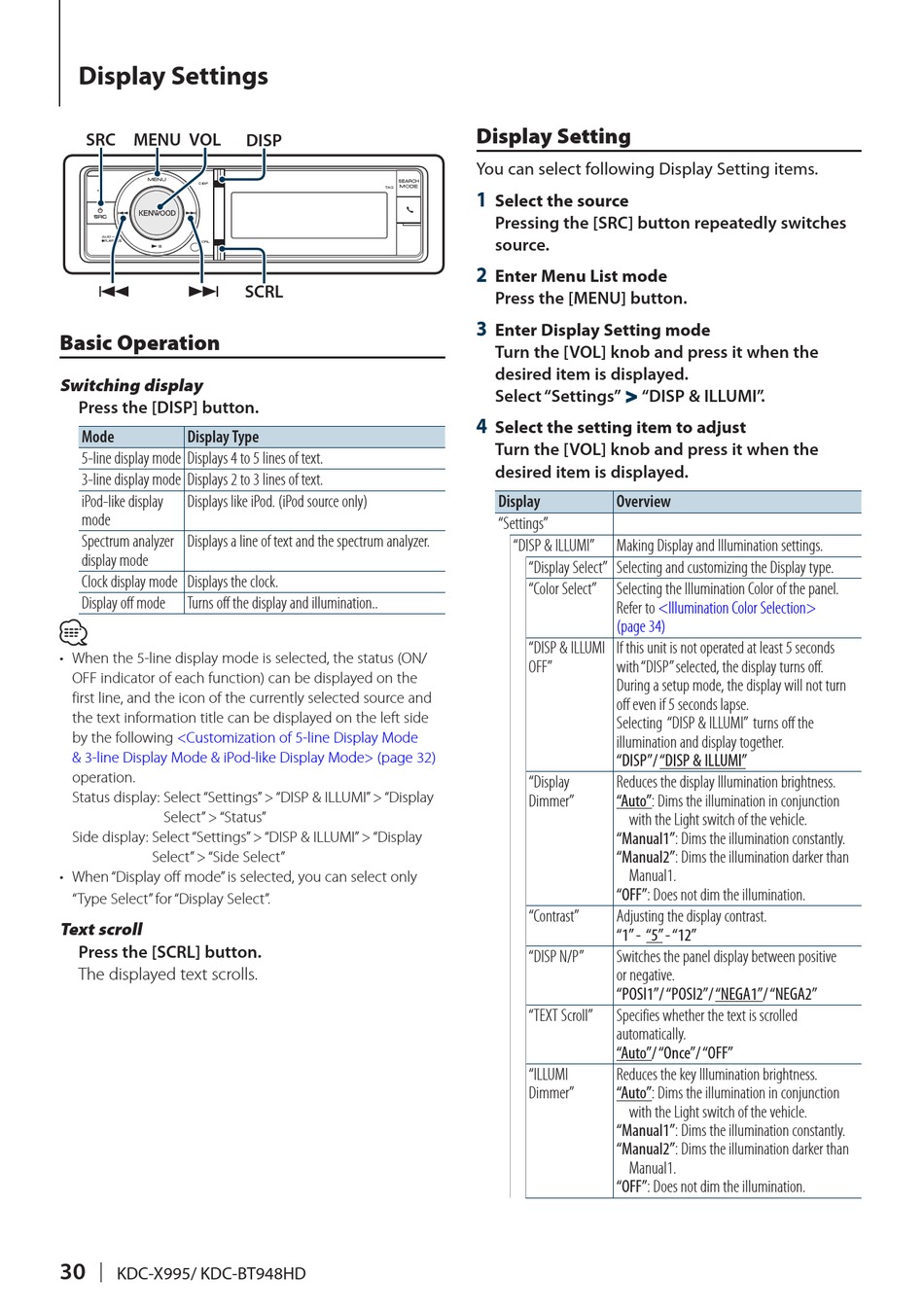 Display Settings; Basic Operation; Display Setting; Illumination Color  Selection - Kenwood KDC-BT948HD Instruction Manual [Page 30] | ManualsLib