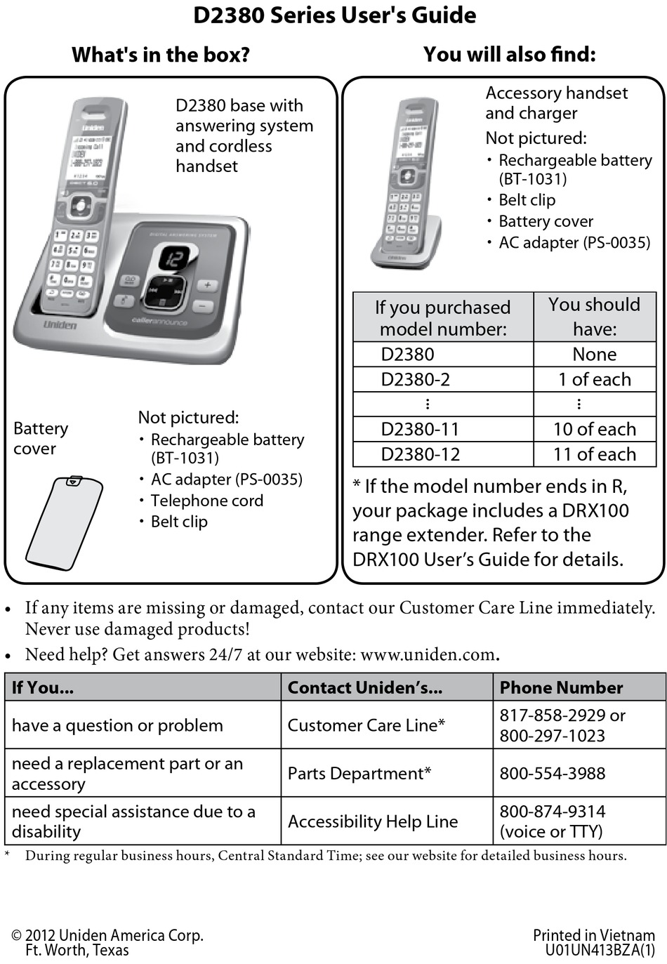 Uniden Accessory handset for D2280 serie 
