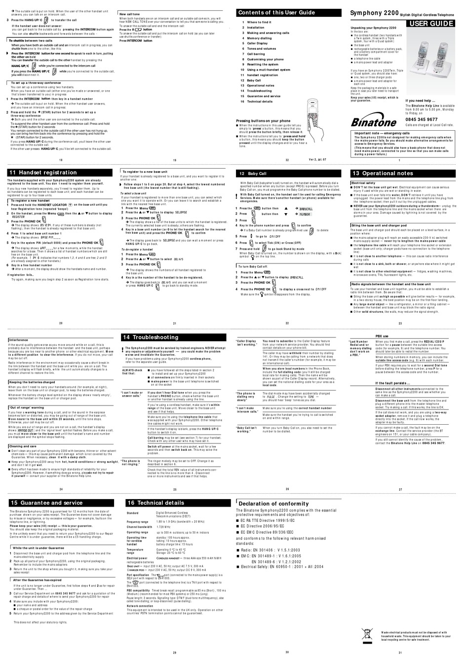 BINATONE SYMPHONY 2200 MANUAL Pdf Download | ManualsLib