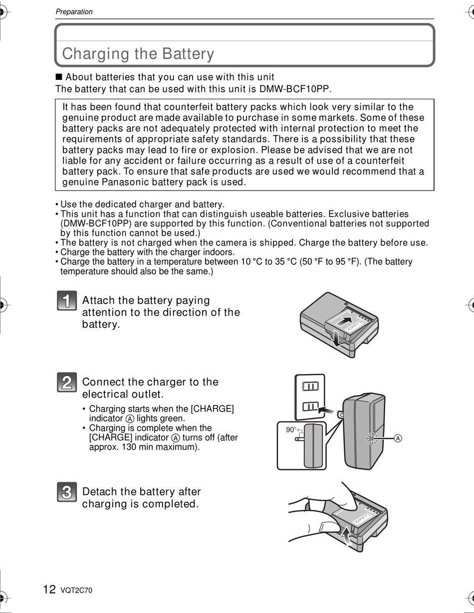 Preparation; Charging The Battery - Panasonic DMC FS7G - Lumix Digital  Camera Operating Instructions Manual [Page 12] | ManualsLib