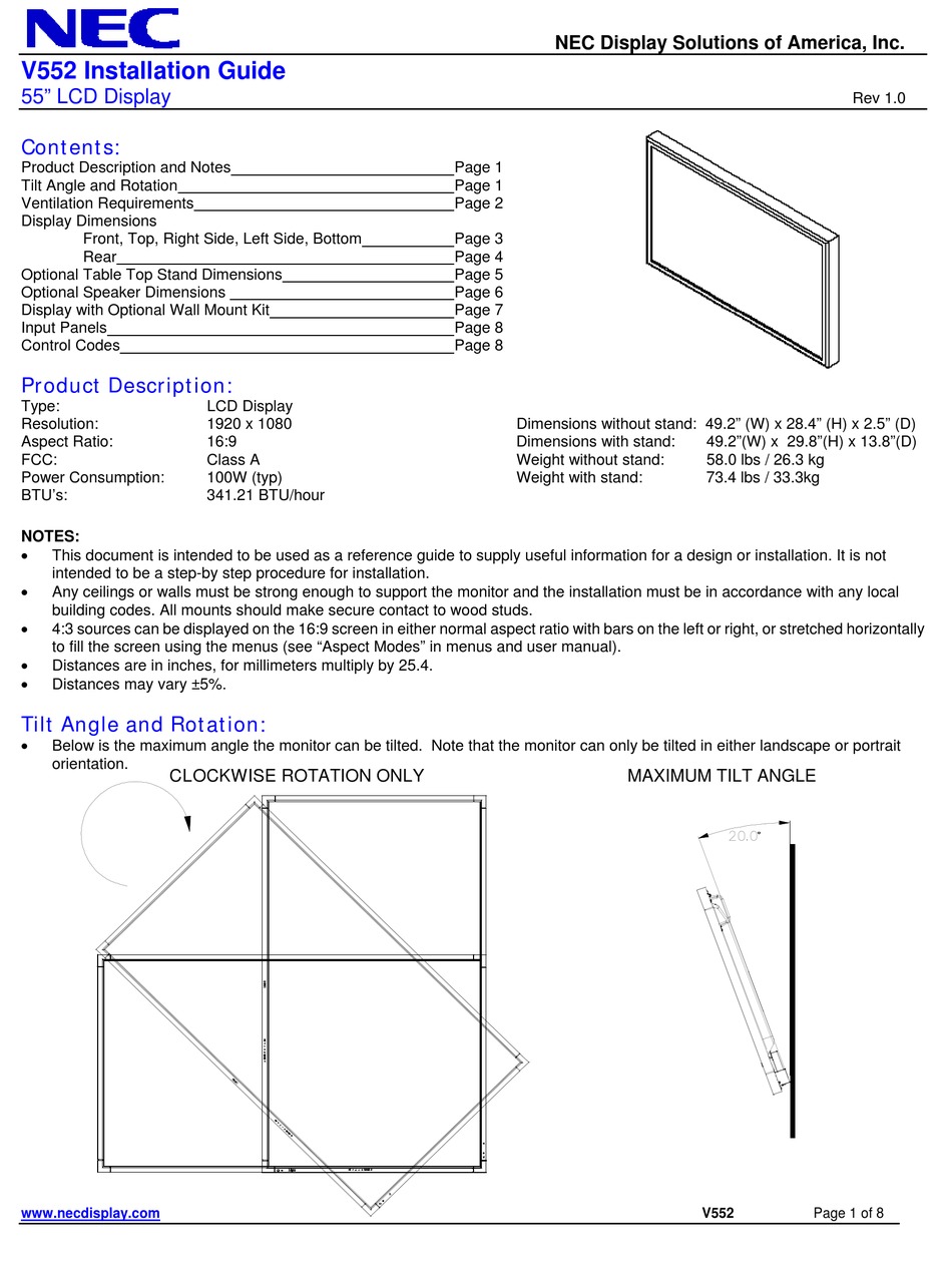 NEC V552 INSTALLATION MANUAL Pdf Download | ManualsLib