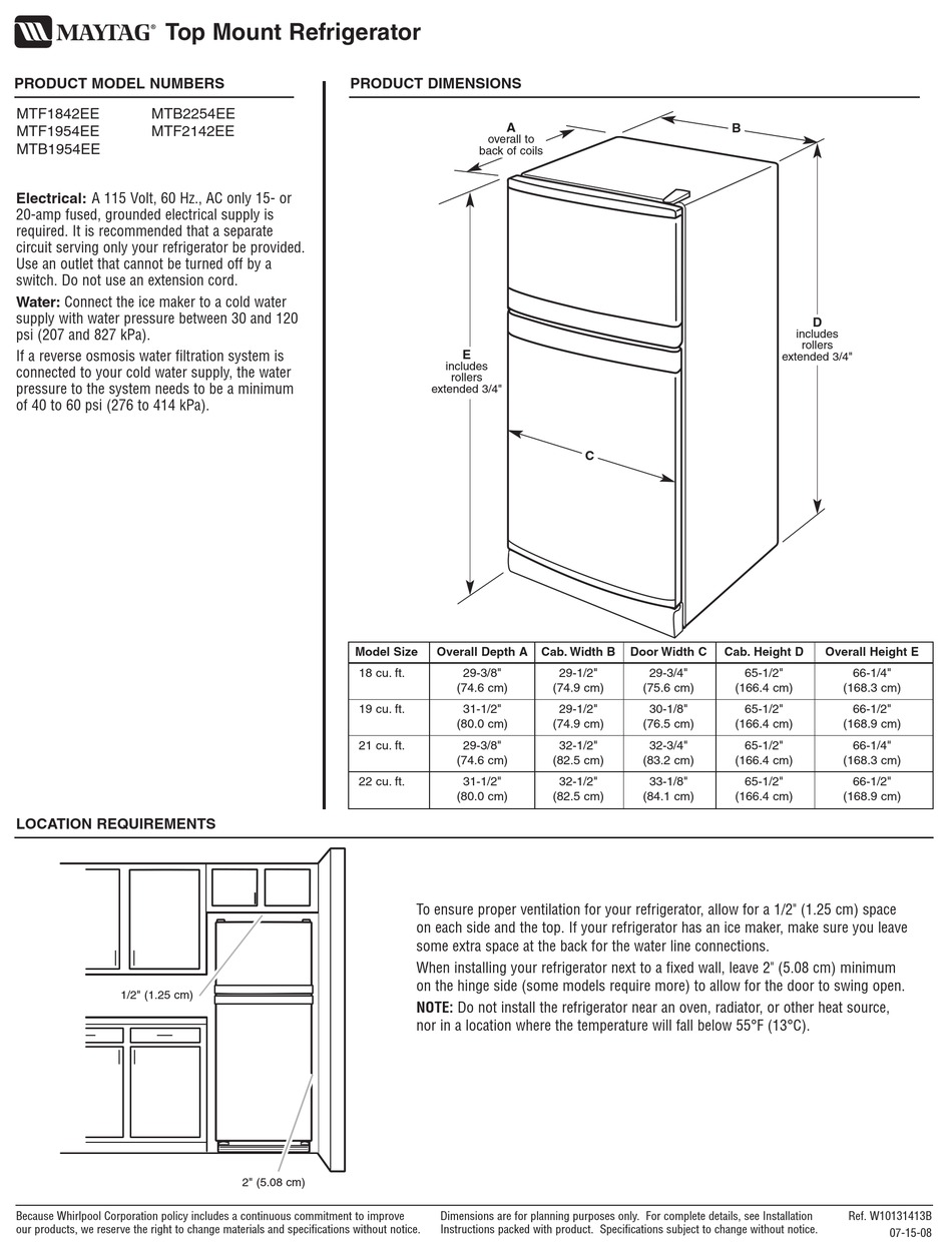 MAYTAG MTF1842EEQ - 18 CU. FT. REFRIGERATOR DIMENSIONS Pdf Download ...