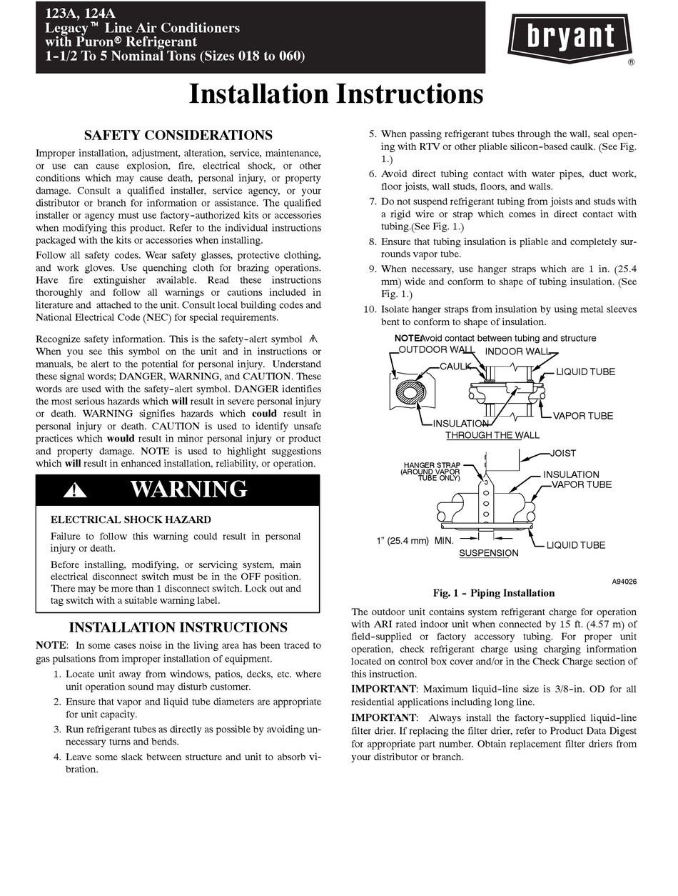 BRYANT LEGACY 123A INSTALLATION INSTRUCTIONS MANUAL Pdf Download ...