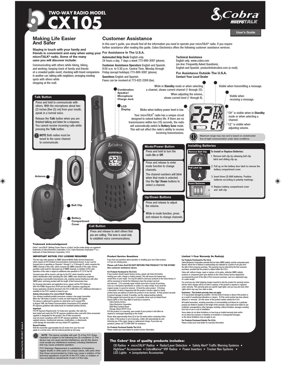 COBRA MICROTALK CX105 USER MANUAL Pdf Download ManualsLib