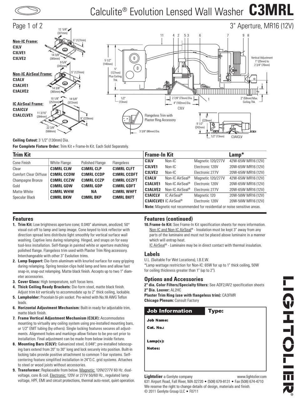 LIGHTOLIER CALCULITE C3MRL CCDFT SPECIFICATION Pdf Download | ManualsLib