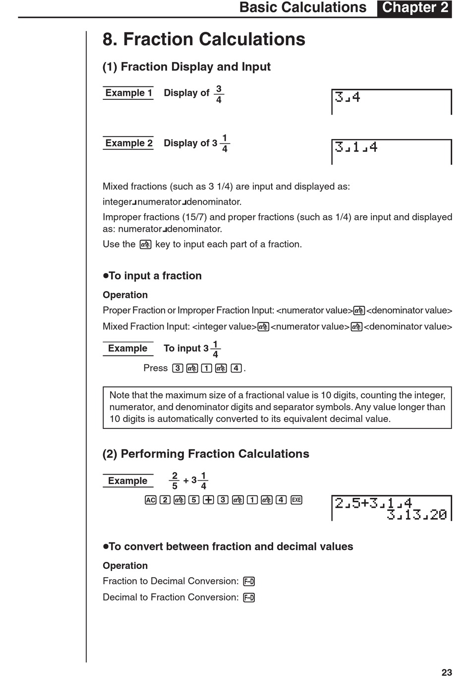 Fraction Calculations; Fraction Display And Input; Performing Fraction  Calculations - Casio FX-7400G PLUS User Manual [Page 37] | ManualsLib