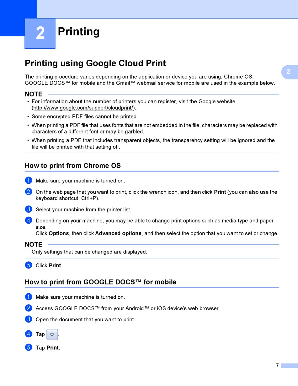 Printing; Using Google Cloud How To Print From Chrome Os; How To Print From Google Docs™ For - Brother MFC-J4310DW Manual [Page 10] | ManualsLib