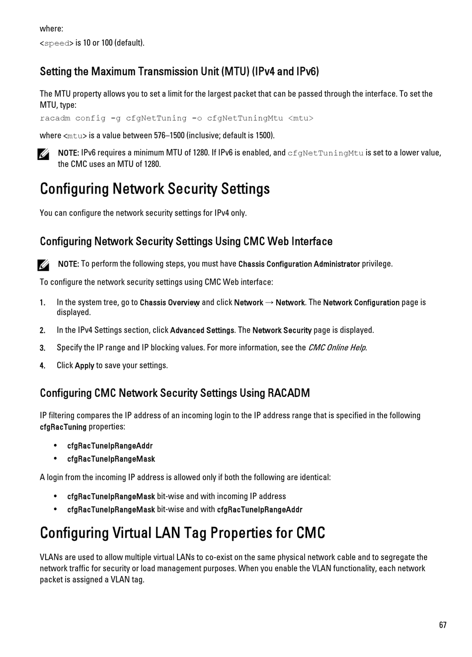 Setting The Maximum Transmission Unit (Mtu) (Ipv4 And Ipv6); Configuring  Network Security Settings; Configuring Network Security Settings Using Cmc  Web Interface; Configuring Cmc Network Security Settings Using Racadm -  Dell PS-M4110 User
